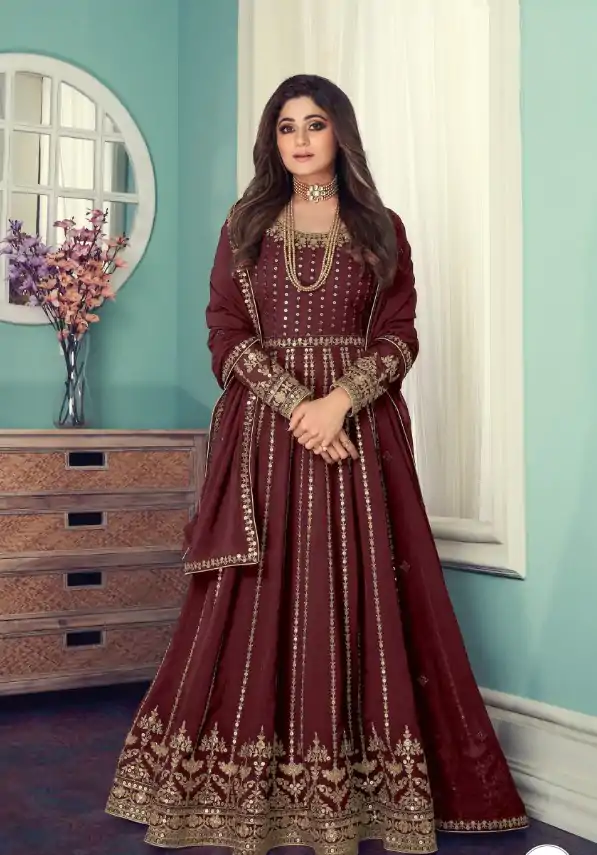 Grand Maroon Color Georgette Codding Embroidery Anarkali Suit