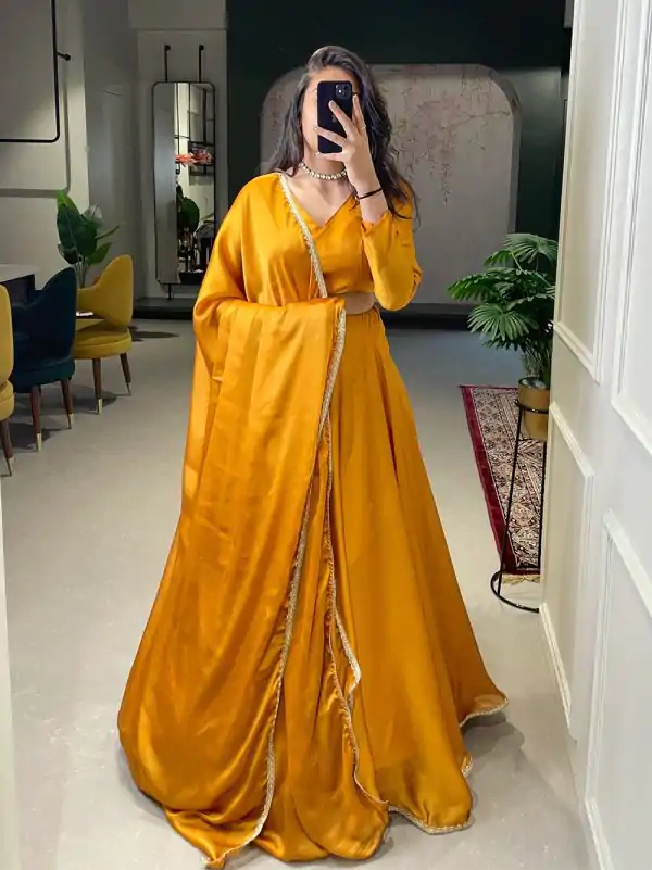 Grand Mustard Color Rangoli Silk Plain Lace Border  Lehenga Choli