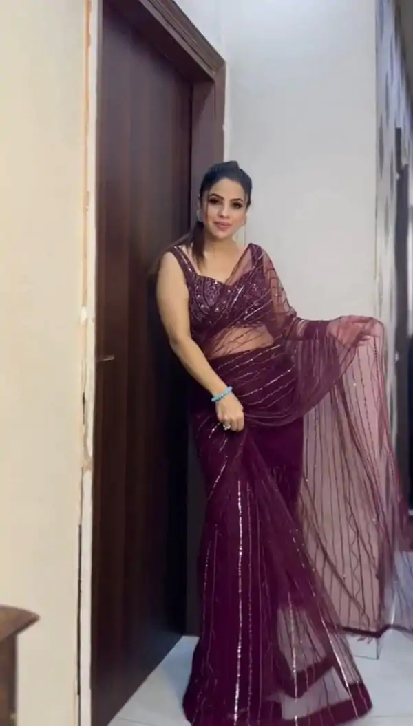 Grand Purple Color Georgette Thread Butterfly Soft Net Saree
