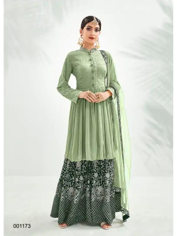 Latest Pista Green Color Georgette Embroidery Work Sharara Suit