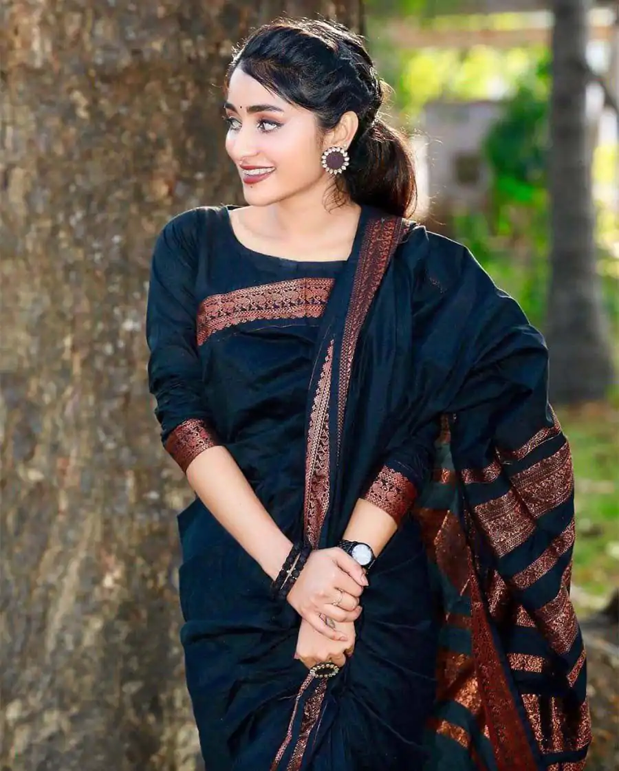Majestic Black Color Banarasi Soft Silk Ordinary Design Saree - Image 7