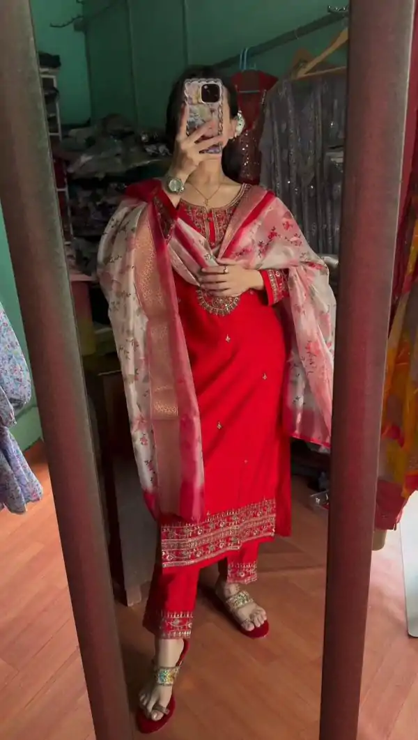 Aglow Red Color Chinon Silk Embroidery Work Sharara Suit