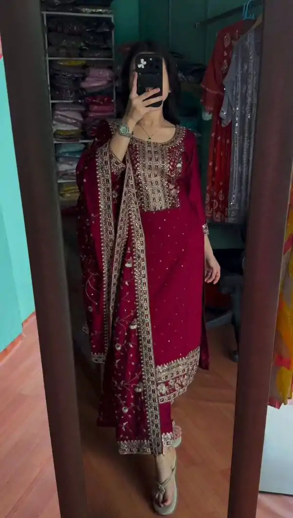 Majestic Red Color Chinon Silk Embroidery Work Sharara Suit