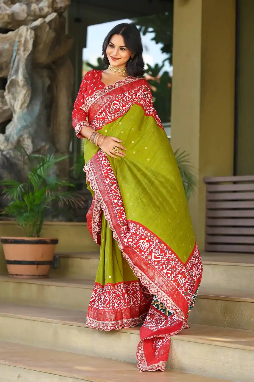 Mystical Parrot Green Color Rich Ikkat Pallu Embroidery Saree - Image 3