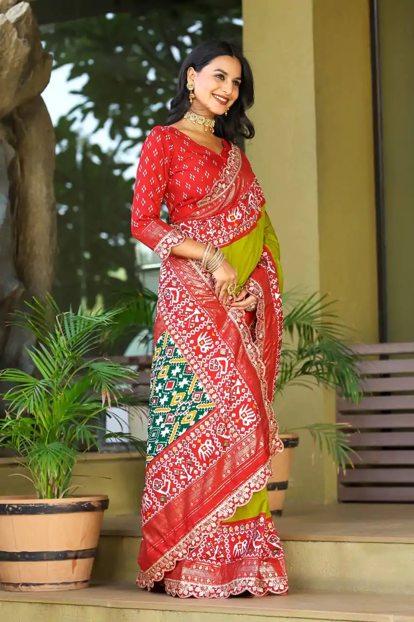 Mystical Parrot Green Color Rich Ikkat Pallu Embroidery Saree - Image 2