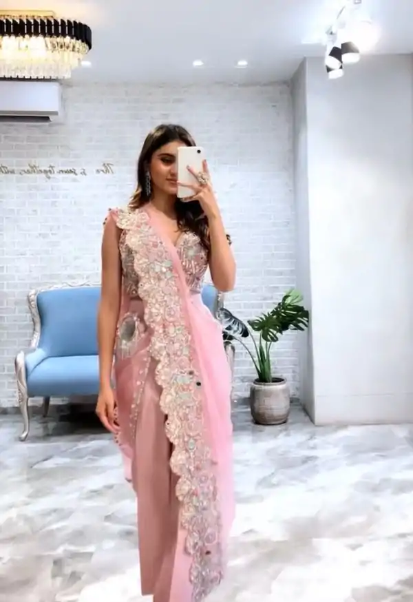 Stylish Peach Color Georgette Embroidered Sequence Saree