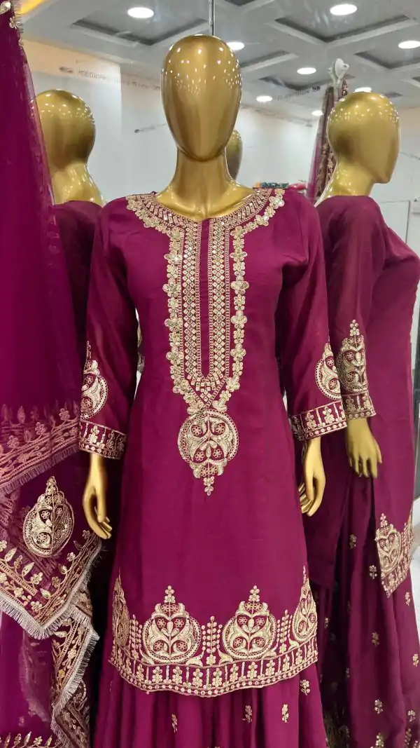 Nice Purple Color Chinnon Silk Embroidery Sequence Salwar Suit