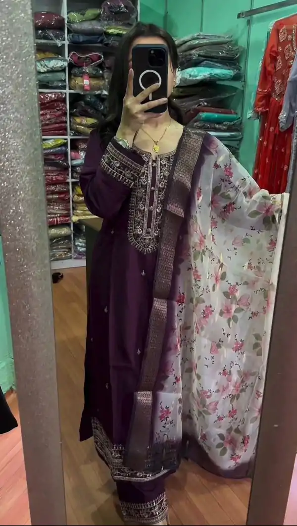 Peaceful Purple Color Chinnon Silk Embroidery Sharara Suit