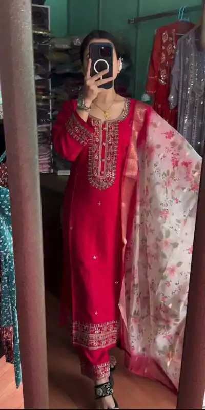 Peaceful Red Color Chinnon Silk Embroidery Sharara Suit