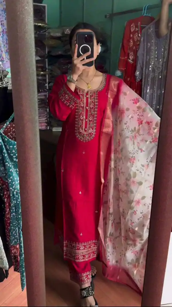 Peaceful Red Color Chinnon Silk Embroidery Sharara Suit