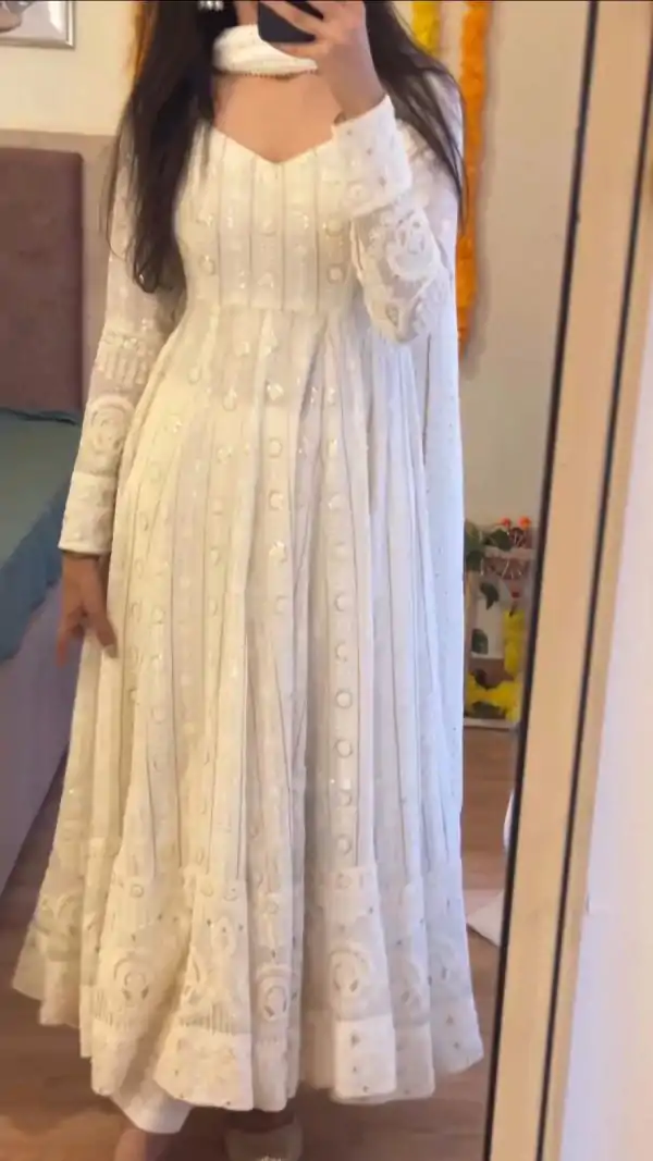 Peaceful White Color Georgette Embroidery Sequence Gown