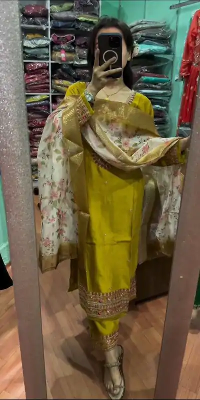 Peaceful Yellow Color Chinnon Silk Embroidery Sharara Suit