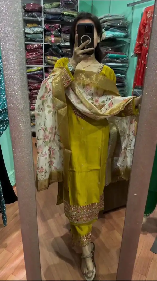 Peaceful Yellow Color Chinnon Silk Embroidery Sharara Suit
