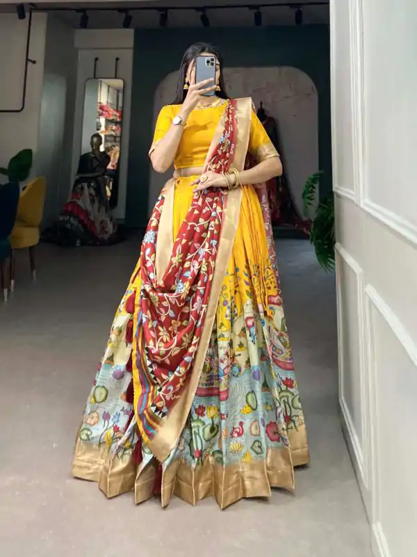 Peaceful Yellow Color Dola Silk Kalamkari Printed Lehenga Choli
