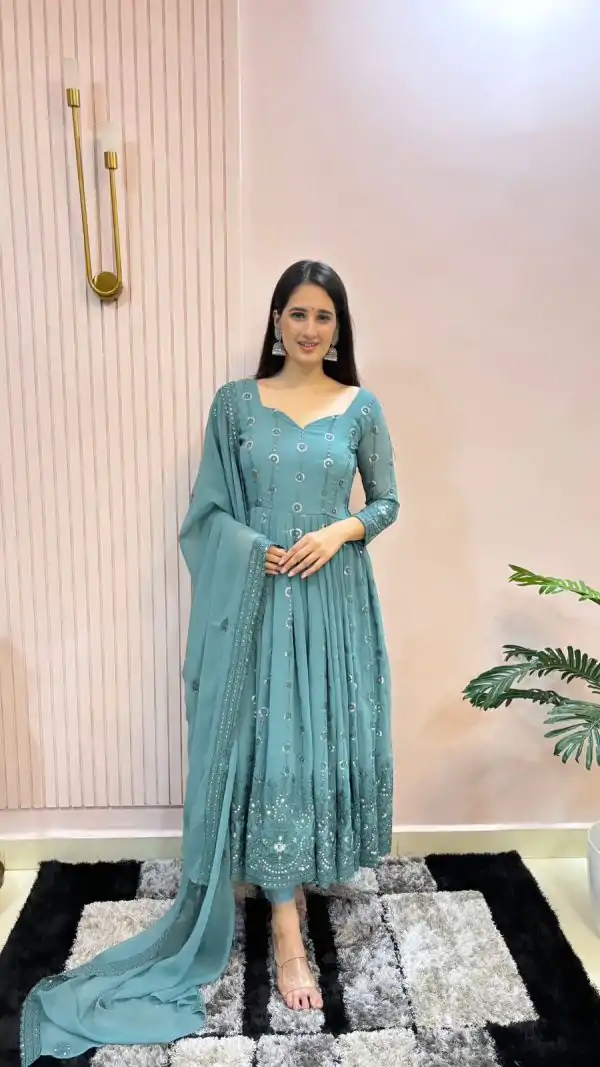 Perfect Blue Color Sequence Coding Embroidery Work Gown