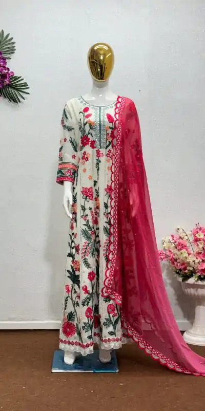Perfect White Color Georgette Embroidered Sequence Salwar Suit
