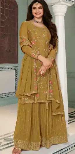 Pretty Mustard Color Heavy Chinon Embroidery Sharara Suit