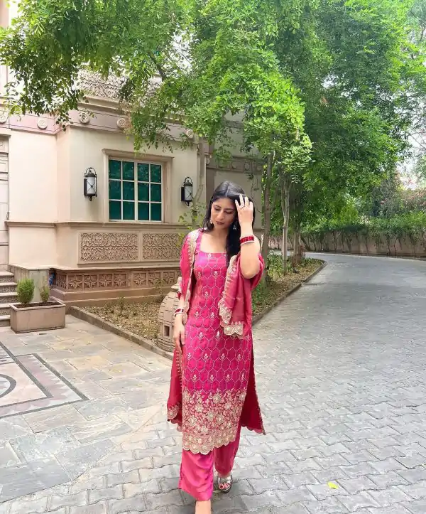 Pretty Pink Color Chinnon Silk Embroidery Work Sharara Suit