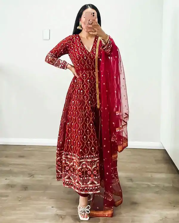 Pretty Red Color Georgette Thread Sequence Work Salwar Suit