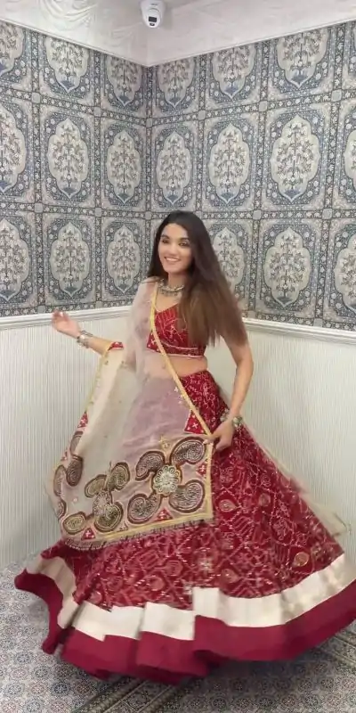 Pretty Red Color Rayon Printed Silk Work Lehenga Choli