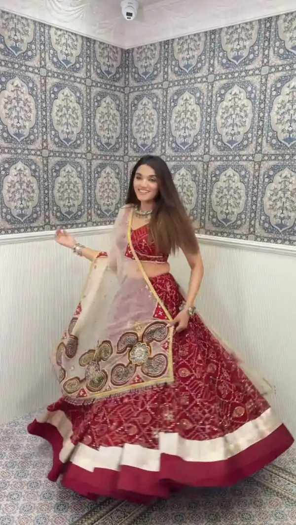 Pretty Red Color Rayon Printed Silk Work Lehenga Choli