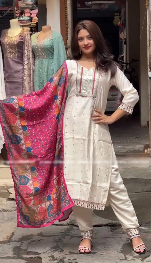 Special White Chinnon Silk Malty Thread Embroidery  Salwar Suit