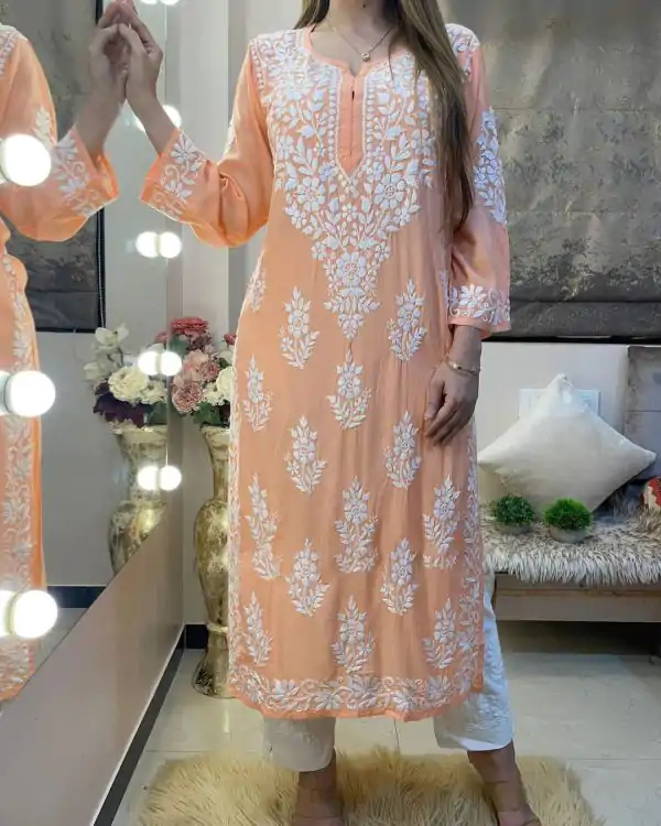Splendorous Orange Color Rayon Chine Stitched Work Salwar Suit