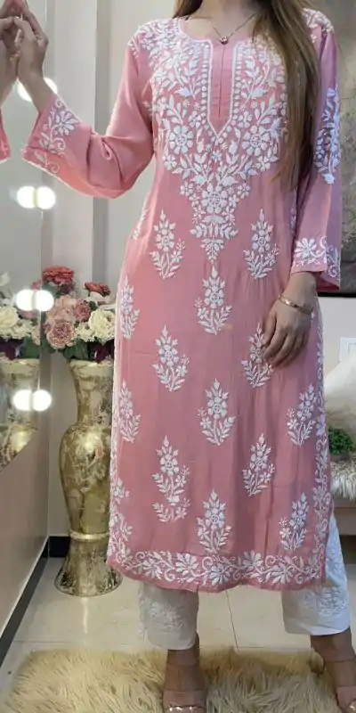 Splendorous Pink Color Rayon Chine Stitched Work Salwar Suit