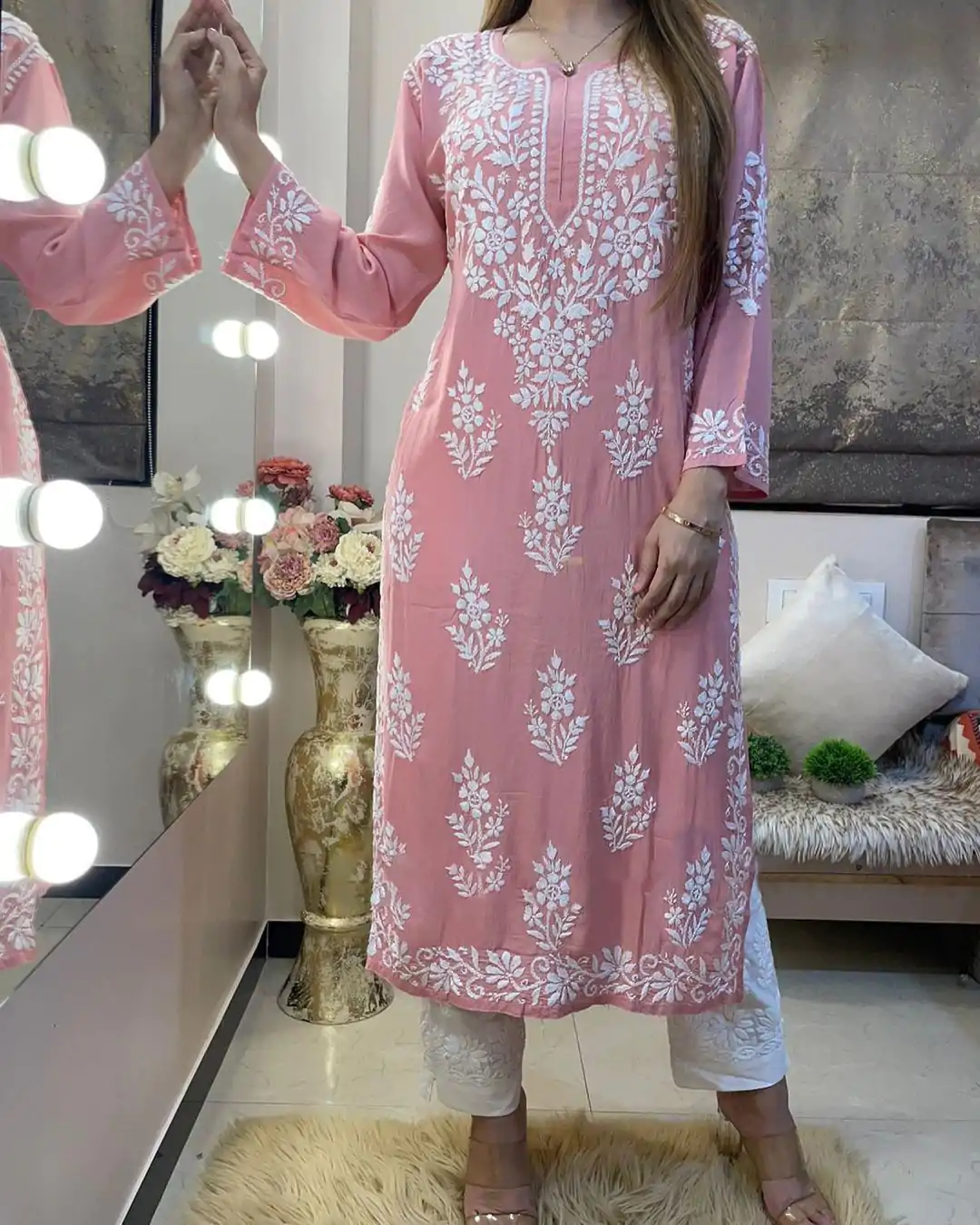 Splendorous Pink Color Rayon Chine Stitched Work Salwar Suit