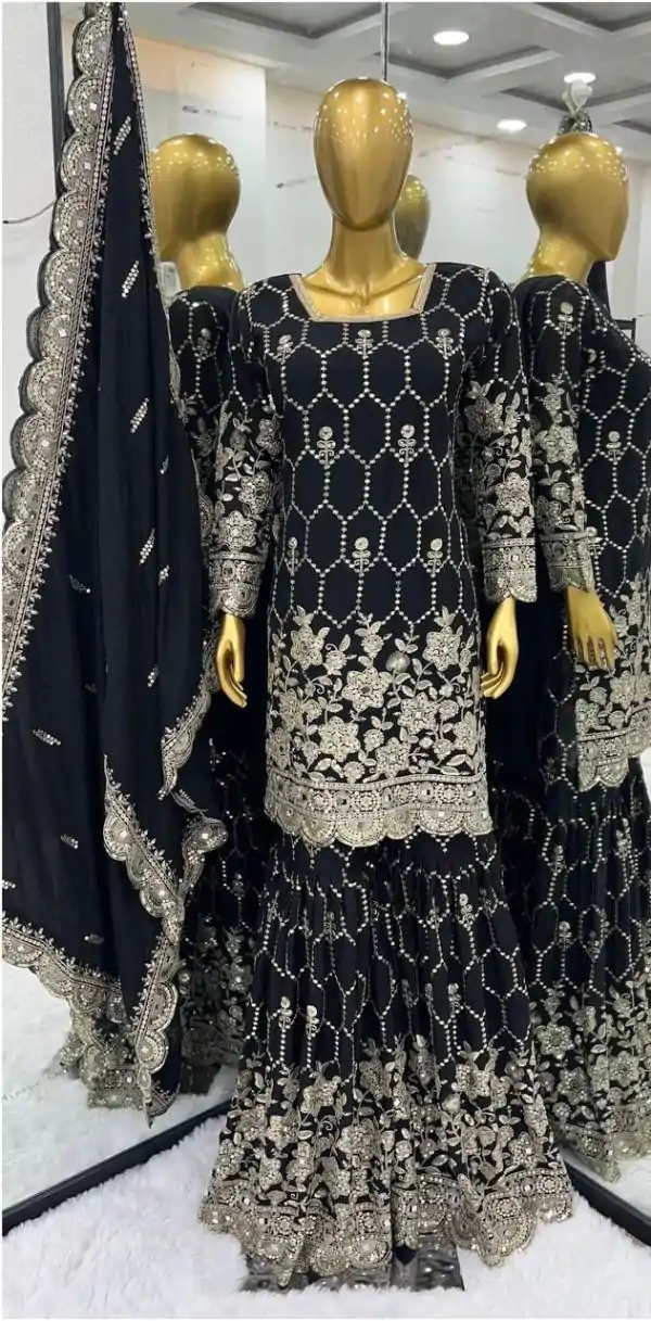 Stylish Black Color Chinnon Silk Embroidery Work Sharara Suit