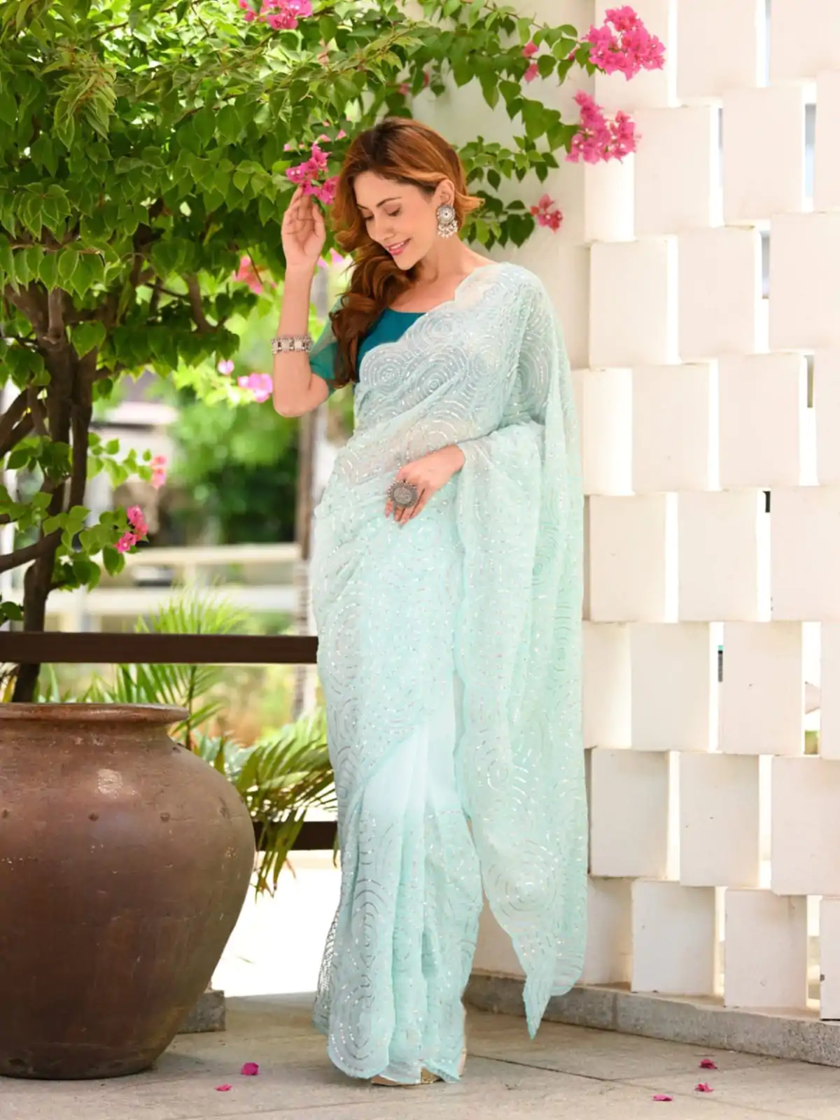 Stylish Light Blue Color Georgette Sequence Work Saree - Image 3