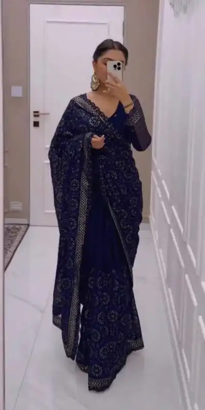 Stylish Navy Blue Color Georgette Embroidery Sequence Saree