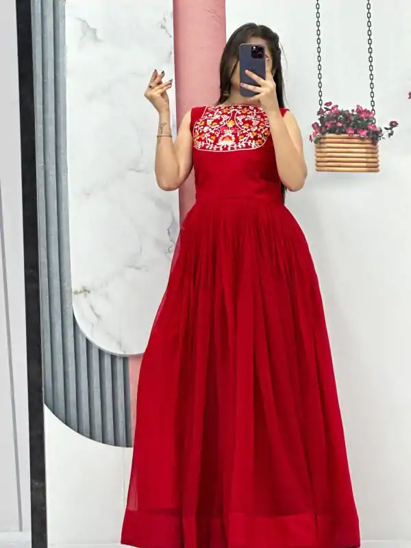 Stylish Orange Color Fox Georgette Embroidery Sequence Gown