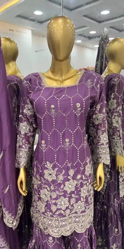 Stylish Violet Color Chinnon Silk Embroidery Work Sharara Suit