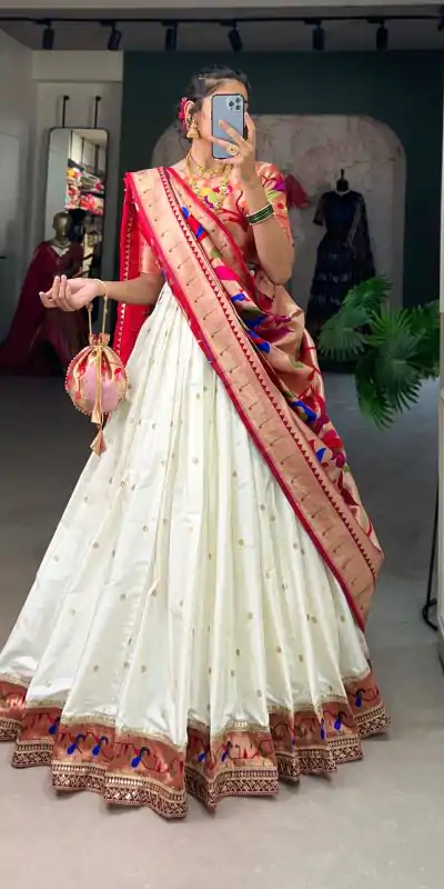 Stylish White Color Jacquard Silk Weaving Zari Lehenga Choli
