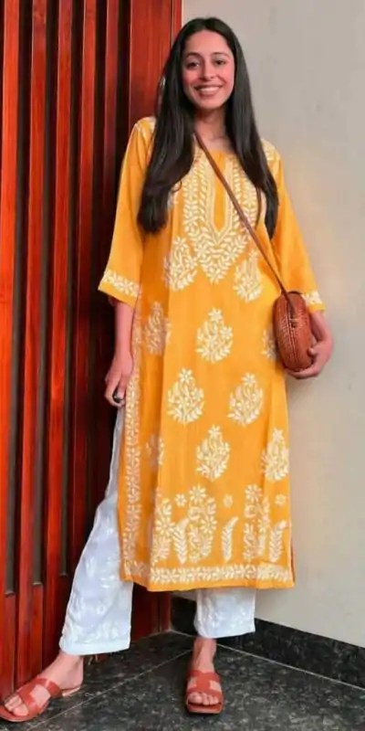 Stylish Yellow Color Heavy Rayon Cotton Style Embroidery Kurti