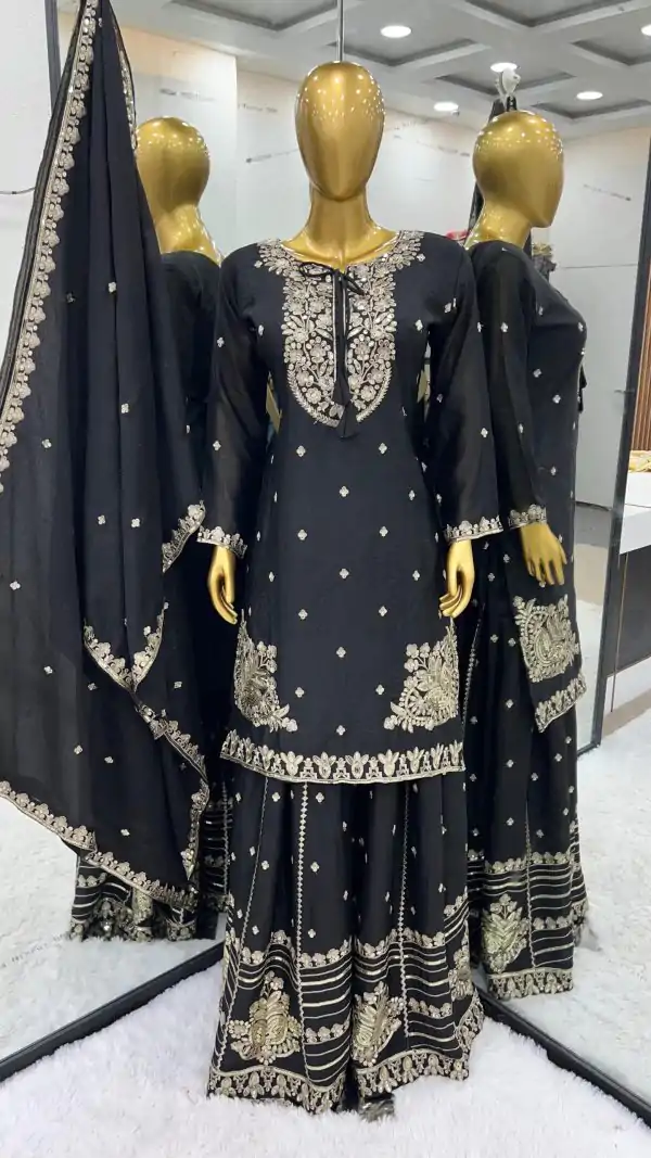 Sublime Black Color Chinnon Silk Embroidery Work Salwar Suit