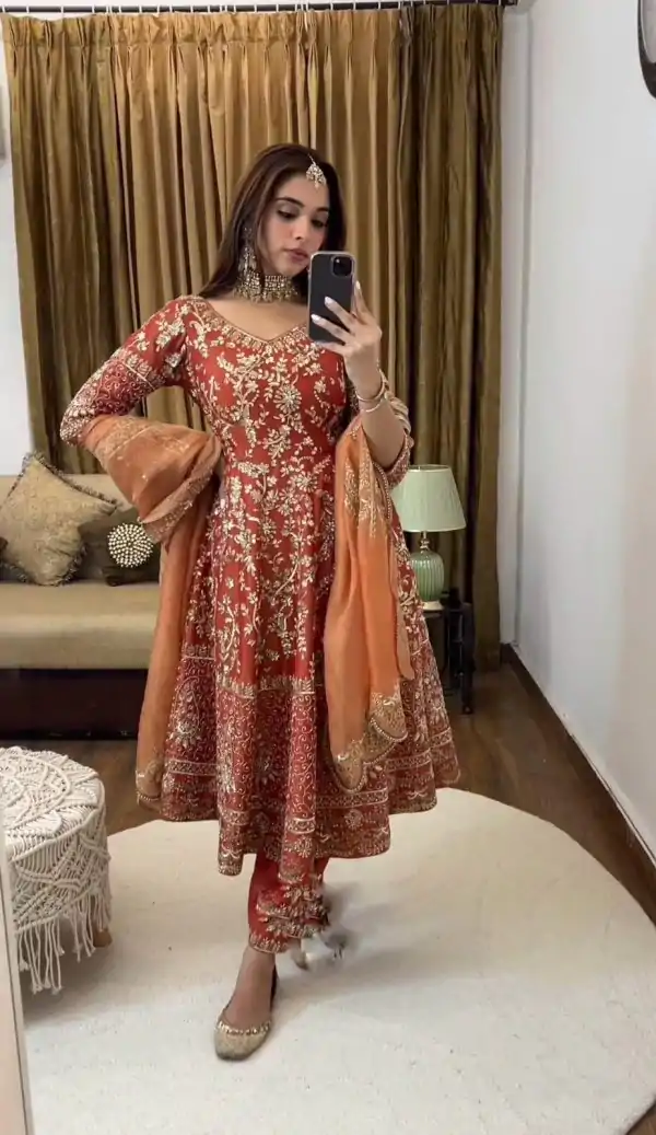 Aglow Orange Color Georgette Embroidery Sequence Gown