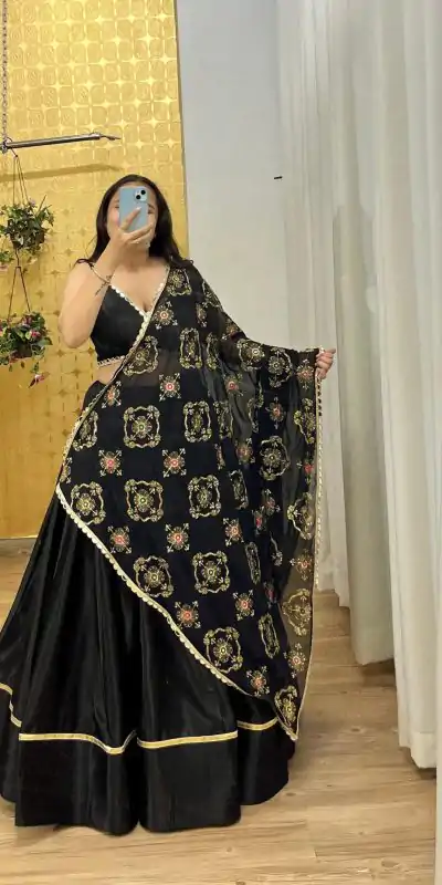 Superb Black Color Rayon Printed Silk Work Lehenga Choli