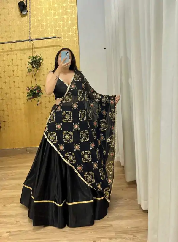 Superb Black Color Rayon Printed Silk Work Lehenga Choli
