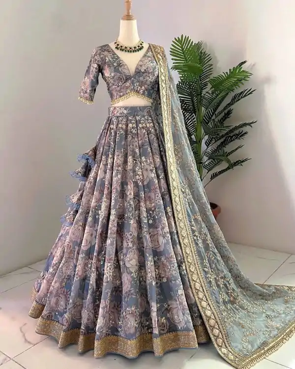 Superb Blue Color Chinon Silk Digital Printed Lehenga Choli