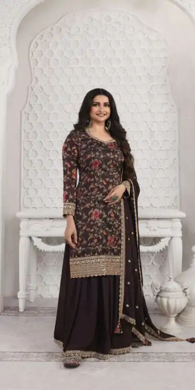 Superb Coffee Color Vichitra Digital Print Embroidery Salwar Suit