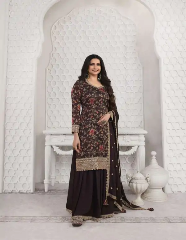 Superb Coffee Color Vichitra Digital Print Embroidery Salwar Suit