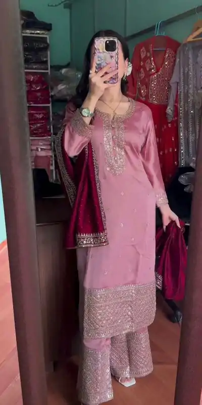 Superb Peach Color Chinnon Silk Embroidery Work Salwar Suit