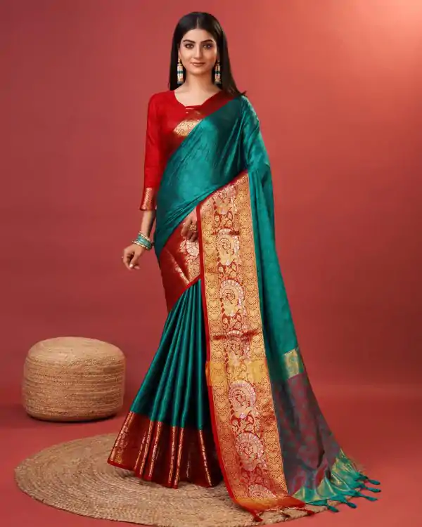 Superb Peacock Green Color Rich Cotton Jacquard Silk Saree