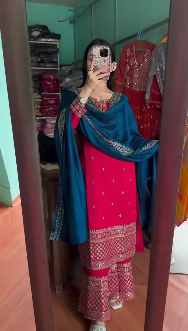 Superb Pink Color Chinnon Silk Embroidery Work Salwar Suit