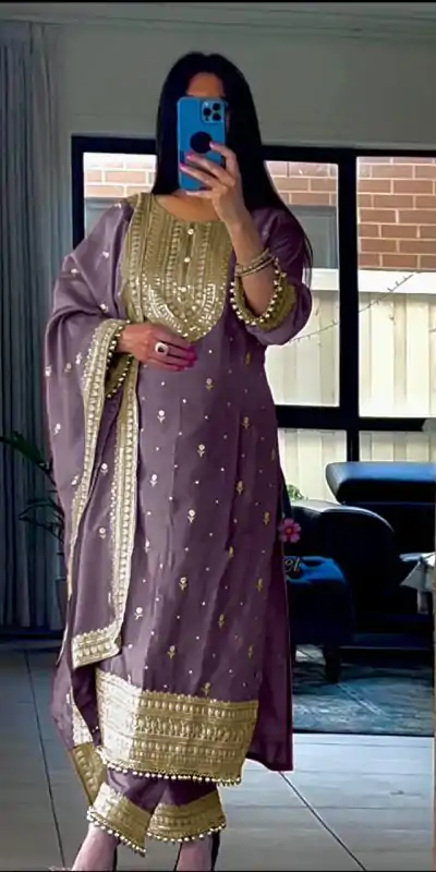 Superb Purple Color Chinnon Silk Embroidery Salwar Suit