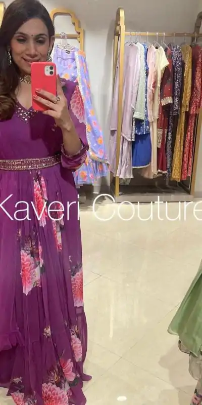 Superb Purple Color Sequence Coding Embroidery Work Gown