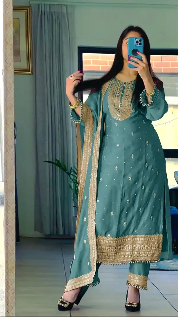 Superb Royal Blue Color Chinnon Silk Embroidery Salwar Suit