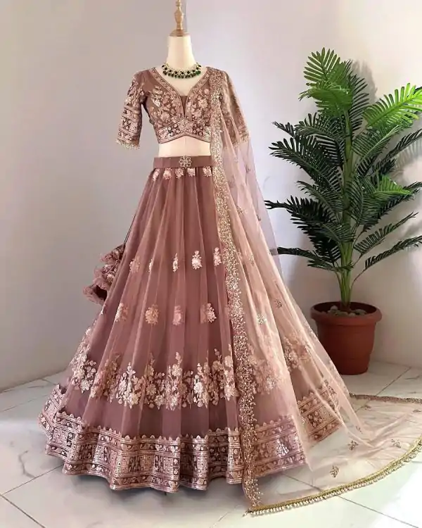 Stylish Peach Color Georgette Embroidery Lehenga Choli